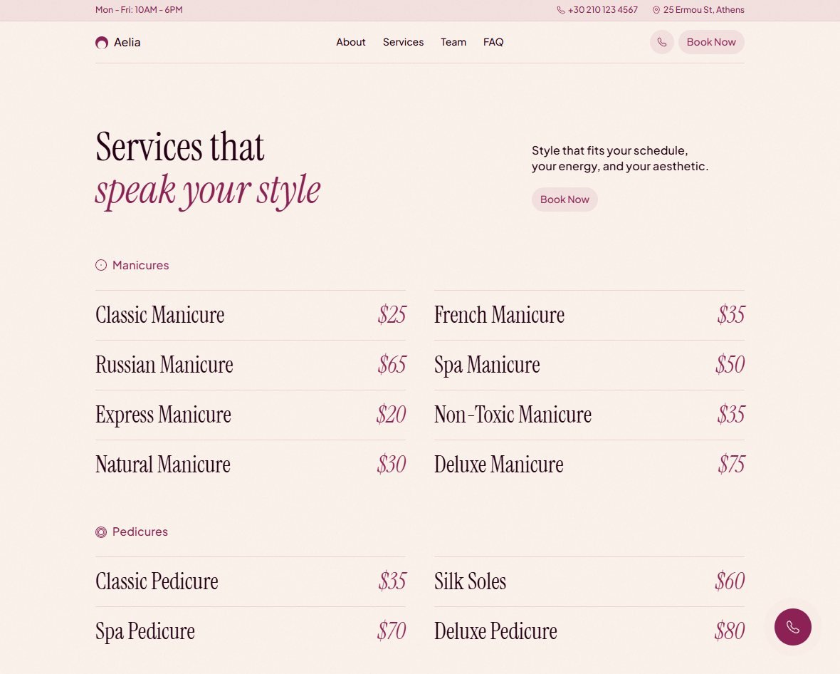 Aelia services and price list
