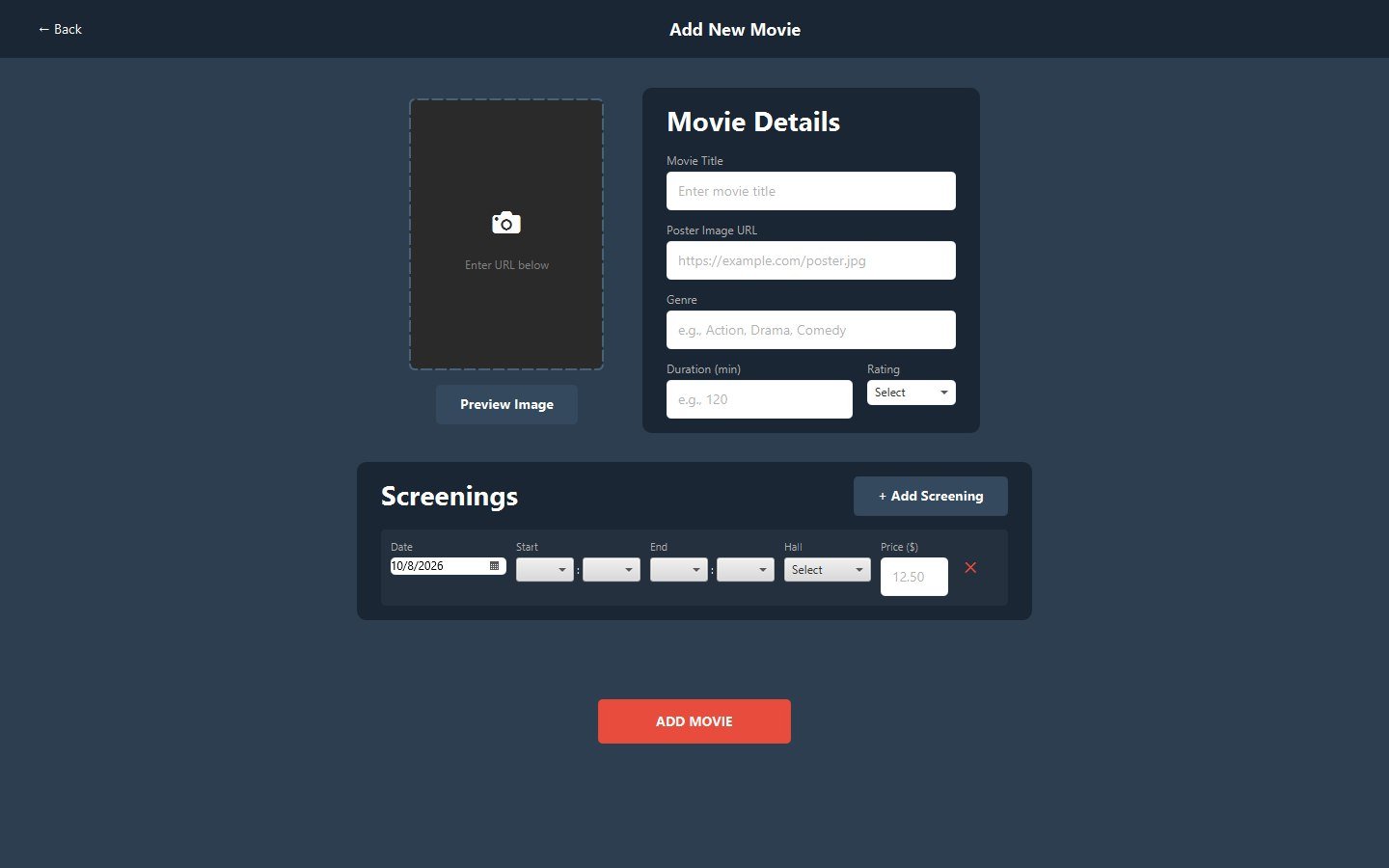 Cinema Management System add movie and screenings form