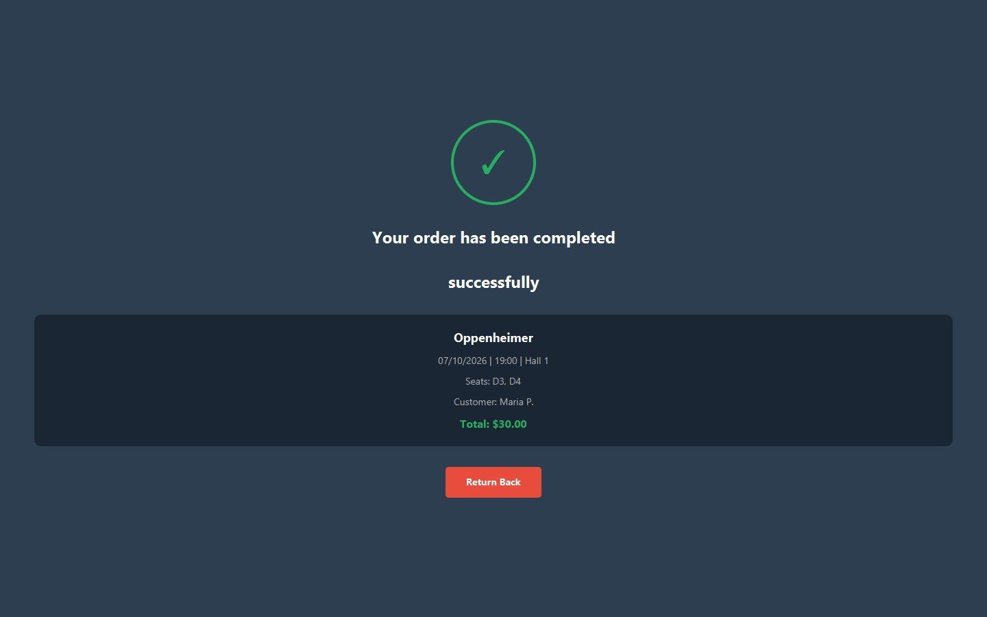 Cinema Management System booking confirmation