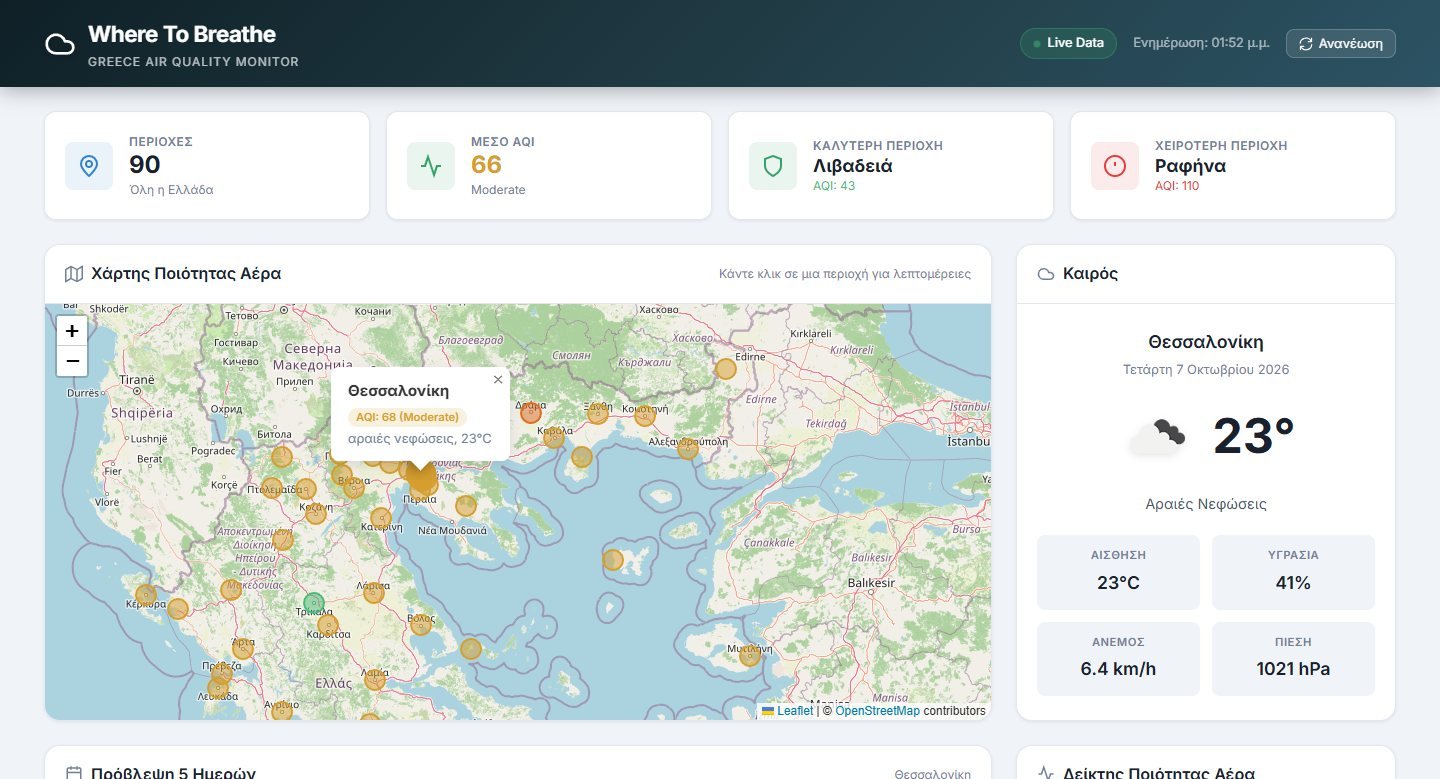 Where To Breathe dashboard with the air quality map of Greece